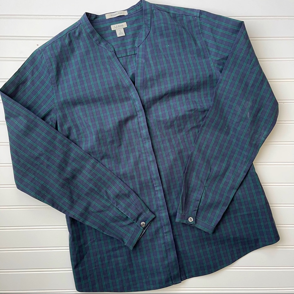 Ll Bean Plaid Split Neck Collarless Small Blouse - image 1